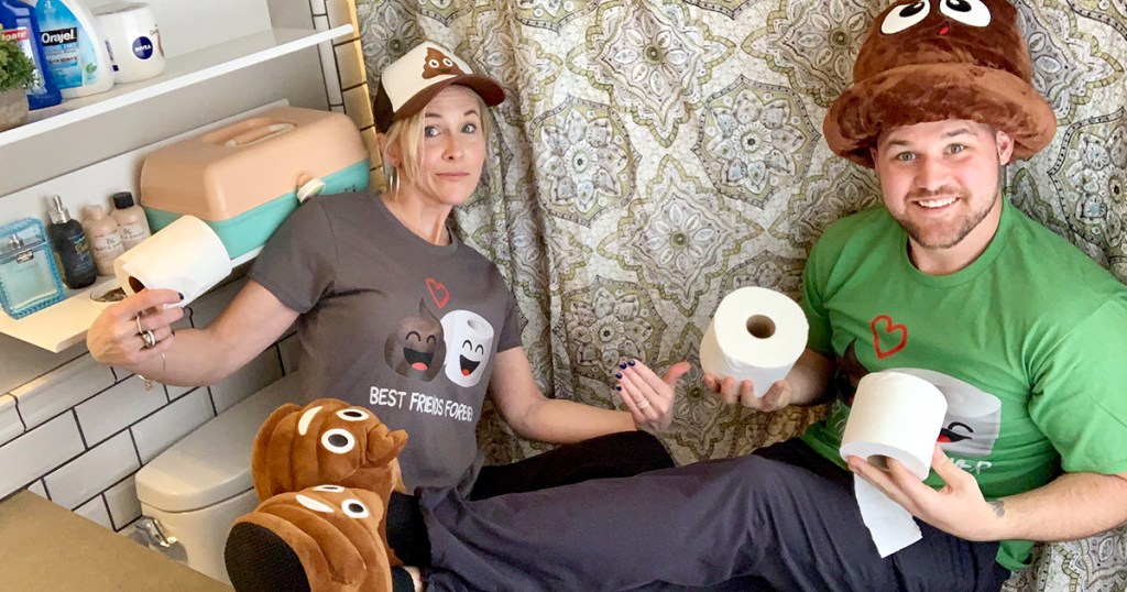 collin and stetson in poop-themed shirts, slippers, and hats